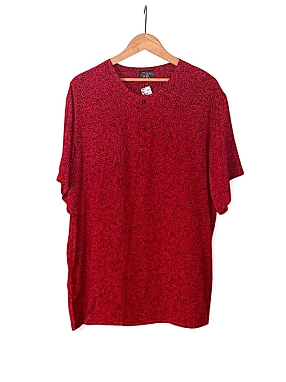 Vintage Bocci Silk Men's Short-Sleeve Red Henley with Black Geometric XL